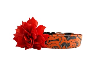 Halloween Dog Collar, Halloween X-Ray Dog Collar with Flower, Skull Dog Collar, Trick or Treat Collar, Pumpkin Dog Collar, Bat Dog Collar