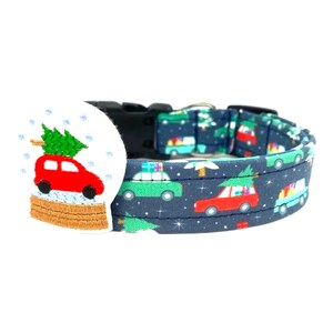 Red and Teal Christmas Trucks Dog Collar with Snow Globe Embellishment