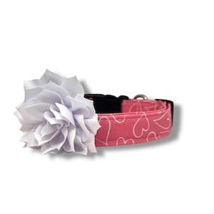 Valentine&#39;s Day Dog Collar, Heart Outline Dog Collar with Flower, Dog Collar for Valentine&#39;s Day, Heart Dog Collar, Pink Dog Collar
