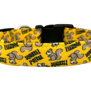 May include: Yellow dog collar with a repeating pattern of squirrels and the text "Squirrel Patrol".