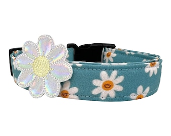 Daisy Dog Collar, Floral Dog Collar with Daisy Dog Collar Embellishment, Smiling Daisy Dog Collar, Spring Dog Collar, Blue Daisy Dog Collar