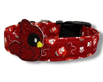 Christmas Mittens Dog Collar |  Winter Paw Print Mittens Dog Collar with Embellishment | Shimmery Mittens Dog Collar | Winter Dog Collar