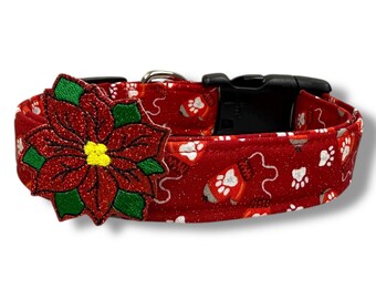 Christmas Mittens Dog Collar |  Winter Paw Print Mittens Dog Collar with Embellishment | Shimmery Mittens Dog Collar | Winter Dog Collar