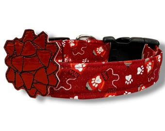 Christmas Mittens Dog Collar |  Winter Paw Print Mittens Dog Collar with Embellishment | Shimmery Mittens Dog Collar | Winter Dog Collar