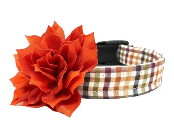 Fall Dog Collar, Dog Collar, Fall Plaid Dog Collar with Orange Flower, Burgundy and Orange Plaid Collar, Plaid Dog Collar, Fall Dog Collar