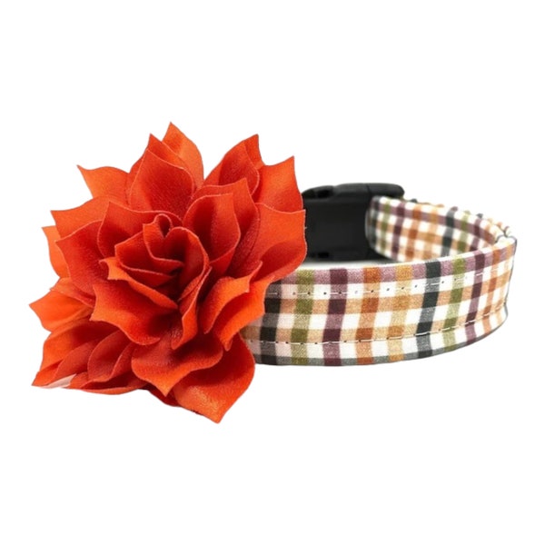 Fall Dog Collar, Dog Collar, Fall Plaid Dog Collar with Orange Flower, Burgundy and Orange Plaid Collar, Plaid Dog Collar, Fall Dog Collar