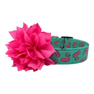 Dog Collar, Flamingo Floatie Dog Collar, Flamingo Dog Collar with Hot Pink Flower Embellishment, Dog Collar, Flamingo, Summer Dog Collar