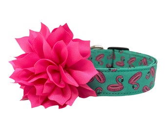 Dog Collar, Flamingo Floatie Dog Collar, Flamingo Dog Collar with Hot Pink Flower Embellishment, Dog Collar, Flamingo, Summer Dog Collar