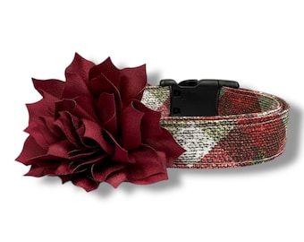 Textured Plaid Christmas Dog Collar | Red Green Holiday Dog Collar with Flower | Rustic Winter Collar | Christmas Plaid Dog Collar