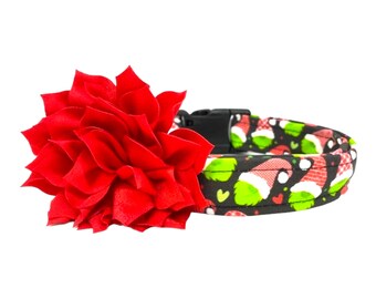 Christmas Gnome Dog Collar with Red Dog Collar Flower Embellishment