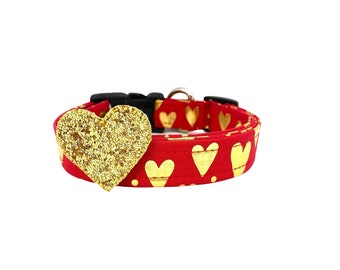 Dog Collar, Valentine's Day Dog Collar, Gold Heart Valentine's Day Dog Collar with Chunky Gold Heart Embellishment, Valentine's Day Collar