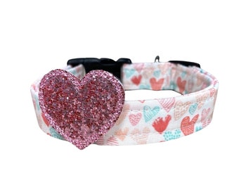 Valentine's Day Dog Collar, Light Pink & Aqua Heart Valentine's Day Dog Collar with Chunky Glitter Pink Heart Embellishment, Dog Collar