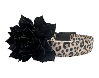 Leopard Animal Print Dog Collar with 3" Black Dog Collar Flower