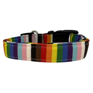 May include: A rainbow striped dog collar with a black plastic buckle and a metal D-ring. The collar's design features vertical stripes in a variety of colours. The collar is designed to fit around a dog's neck, providing a secure and stylish accessory.