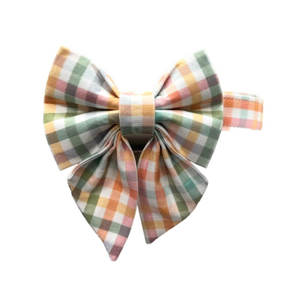 Pastel Spring Gingham Plaid Dog Collar with Matching Sailor Bow or Bowtie