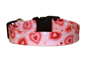 Dog Collar - Valentine’s Day Dog Collar - Hearts Dog Collar – Pink & Red Hearts Dog Collar – Valentine’s Day Print Dog Collar