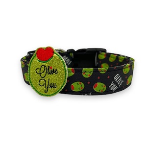 Valentine's Day Dog Collar, Olive You Dog Collar with Flower, Dog Collar for Valentine's Day, Valentine's Day Olive Dog Collar, Olive Collar