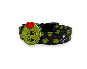 Valentine's Day Dog Collar, Olive You Dog Collar with Flower, Dog Collar for Valentine's Day, Valentine's Day Olive Dog Collar, Olive Collar