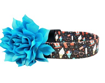 Patriotic Dog Collar, American Summer Dog Collar with Turquoise Flower, 4th of July Dog Collar, Memorial Day Dog Collar, Labor Day, American