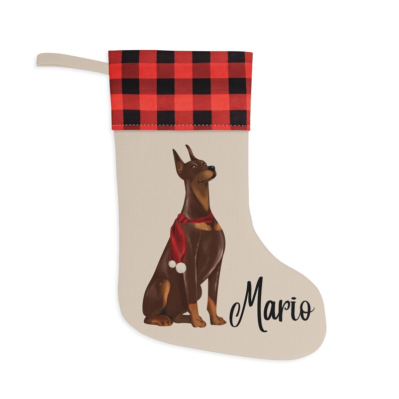 Dobermann-kerstsok, gepersonaliseerde Dobermann Buffalo geruite kerstsok, Dobermann-sok, kerst Dobermann, Dobermann-hond afbeelding 2