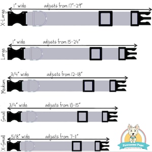 May include: A chart showing five different sizes of dog collars with their corresponding widths and adjustable lengths. The collars are gray with black hardware and are labeled with the sizes: X-Small, Small, Medium, Large, and X-Large. The chart also includes the width of each collar in inches.
