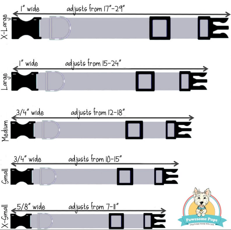 May include: A chart showing five different sizes of dog collars with their corresponding widths and adjustable lengths. The collars are gray with black hardware and are labeled with the sizes: X-Small, Small, Medium, Large, and X-Large. The chart also includes the width of each collar in inches.
