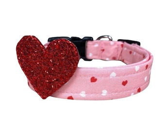 Dog Collar, Valentine's Day Dog Collar, Mini Red & Pink Heart Valentine's Day Dog Collar with Red Heart Embellishment, Valentines Collar