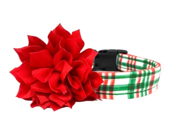 Christmas Plaid Dog Collar with Red Dog Collar Flower Embellishment