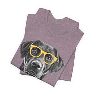 Pode incluir: Um labrador retriever preto usando &oacute;culos de sol amarelos. O rosto do c&atilde;o &eacute; o foco da imagem, com os &oacute;culos cobrindo seus olhos. O c&atilde;o est&aacute; olhando diretamente para o espectador.
