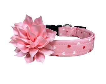 Dog Collar, Valentine's Day Dog Collar, Mini Pink & Red Heart Dog Collar with 3" Light Pink Flower, Valentine's Day, Dog Flower, Mini Hearts