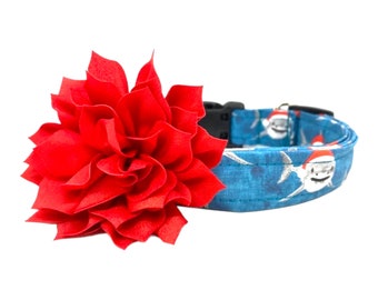 Christmas Shark Dog Collar with Red Flower Dog Collar Flower Embellishment