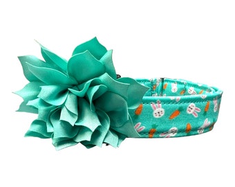 Dog Collar, Easter Bunny Dog Collar with 3" Aqua Flower, Easter Dog Collar, Bunny Collar, Easter Collar, Bunny Dog Collar, Easter Carrots