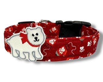 Christmas Mittens Dog Collar |  Winter Paw Print Mittens Dog Collar with Embellishment | Shimmery Mittens Dog Collar | Winter Dog Collar