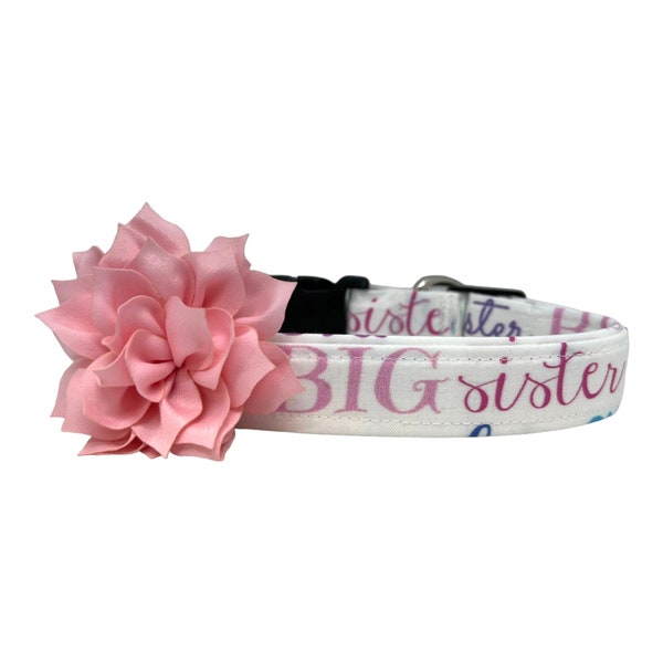 Big Sister Dog Collar with Light Pink Dog Collar Flower Embellishment