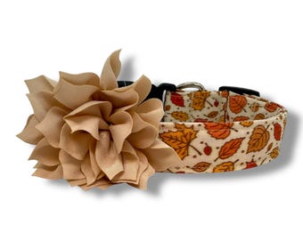 Fall Dog Collar, Fall Leaves Dog Collar with Flower, Thanksgiving Dog Collar, Autumn Dog Collar, Dog Collar for Fall