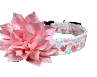 Dog Collar, Valentine's Day Dog Collar, Light Pink & White Heart Dog Collar with 3" Light Pink Flower, Valentine's Day, Dog Flower, Hearts