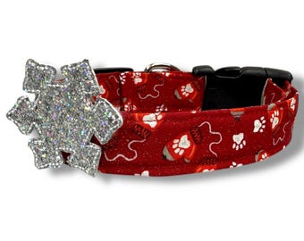 Christmas Mittens Dog Collar |  Winter Paw Print Mittens Dog Collar with Embellishment | Shimmery Mittens Dog Collar | Winter Dog Collar