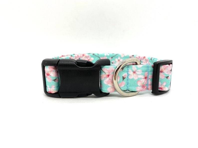 May include: A light blue dog collar with a pink floral print and a black buckle. The collar has a silver D-ring.