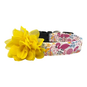 Dog Collar, Flamingo Dog Collar, Summer Flamingo Dog Collar with 3&quot; Yellow Flower Embellishment, Dog Collar, Flamingo, Summer Dog Collar