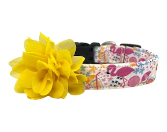 Dog Collar, Flamingo Dog Collar, Summer Flamingo Dog Collar with 3" Yellow Flower Embellishment, Dog Collar, Flamingo, Summer Dog Collar