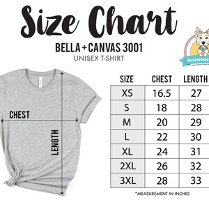 Pode incluir: Tabela de tamanhos para uma camiseta unissex da Bella + Canvas 3001. A tabela mostra as medidas de t&oacute;rax e comprimento em polegadas para os tamanhos XS a 3XL.