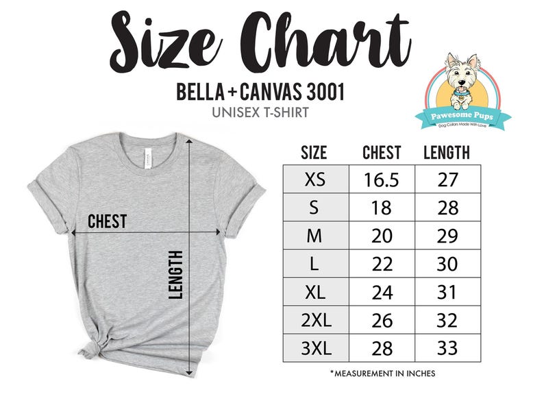 Pode incluir: Tabela de tamanhos para uma camiseta unissex da Bella + Canvas 3001. A tabela mostra as medidas de t&oacute;rax e comprimento em polegadas para os tamanhos XS a 3XL.