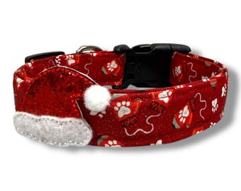 Christmas Mittens Dog Collar |  Winter Paw Print Mittens Dog Collar with Embellishment | Shimmery Mittens Dog Collar | Winter Dog Collar