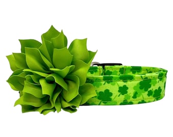 May include: A green dog collar with a shamrock pattern and a large, ruffled green flower. The collar has a black buckle and a silver metal loop. The shamrock pattern is in various shades of green.