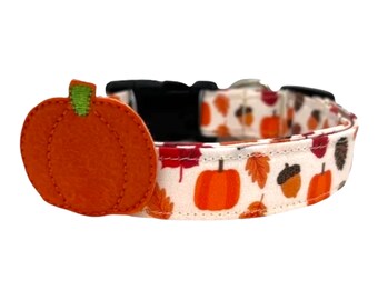 Fall Leaf & Pumpkin Dog Collar with Felt Pumpkin Dog Collar Embellishment