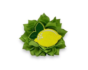 Embellished Dog Collar Flower, 4 Inch Dog Collar Flower with Embellishment, Glitter Lemon Embellishment, Lemon, Yellow Lemon Flower