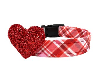 Dog Collar, Valentine's Day Dog Collar, Plaid Valentine's Day Dog Collar with Chunky Red Glitter Heart Embellishment, Valentine's Day Collar