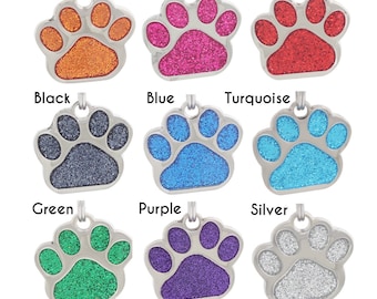 Dog Tag, Dog Name Tag, Dog Charm, Paw Print Dog Tag, Glitter Dog Tag, Personalized Dog Tag, Etched Glitter Paw Print Dog ID Tag