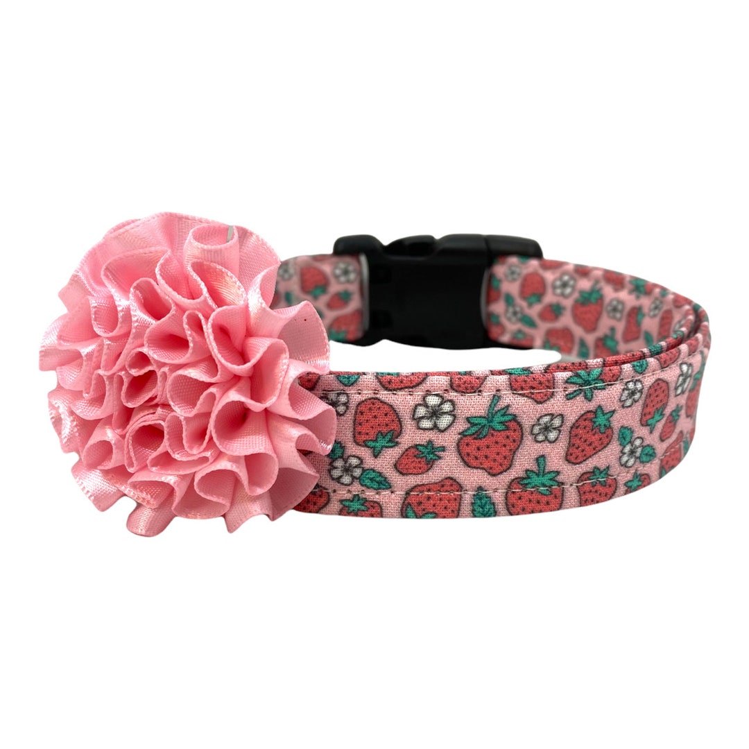 Dog Collar, Strawberry Collar With 2 Light Pink Flower Embellishment