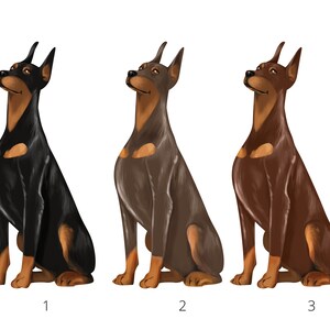 Op de afbeelding: Drie digitale illustraties van Dobermann-honden in profiel, elk met een andere vachtkleur. Hond 1 is zwart met tan, hond 2 is blauw met tan en hond 3 is bruin met tan. Elke hond is genummerd met 1, 2 of 3 onder de betreffende figuur.